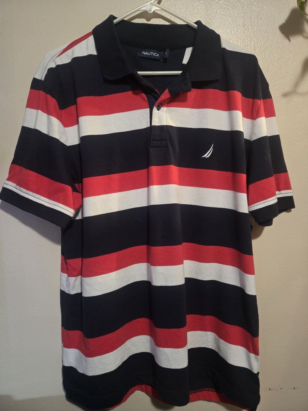 Nautica Men's Red, White & Navy Striped Polo Shirt Large